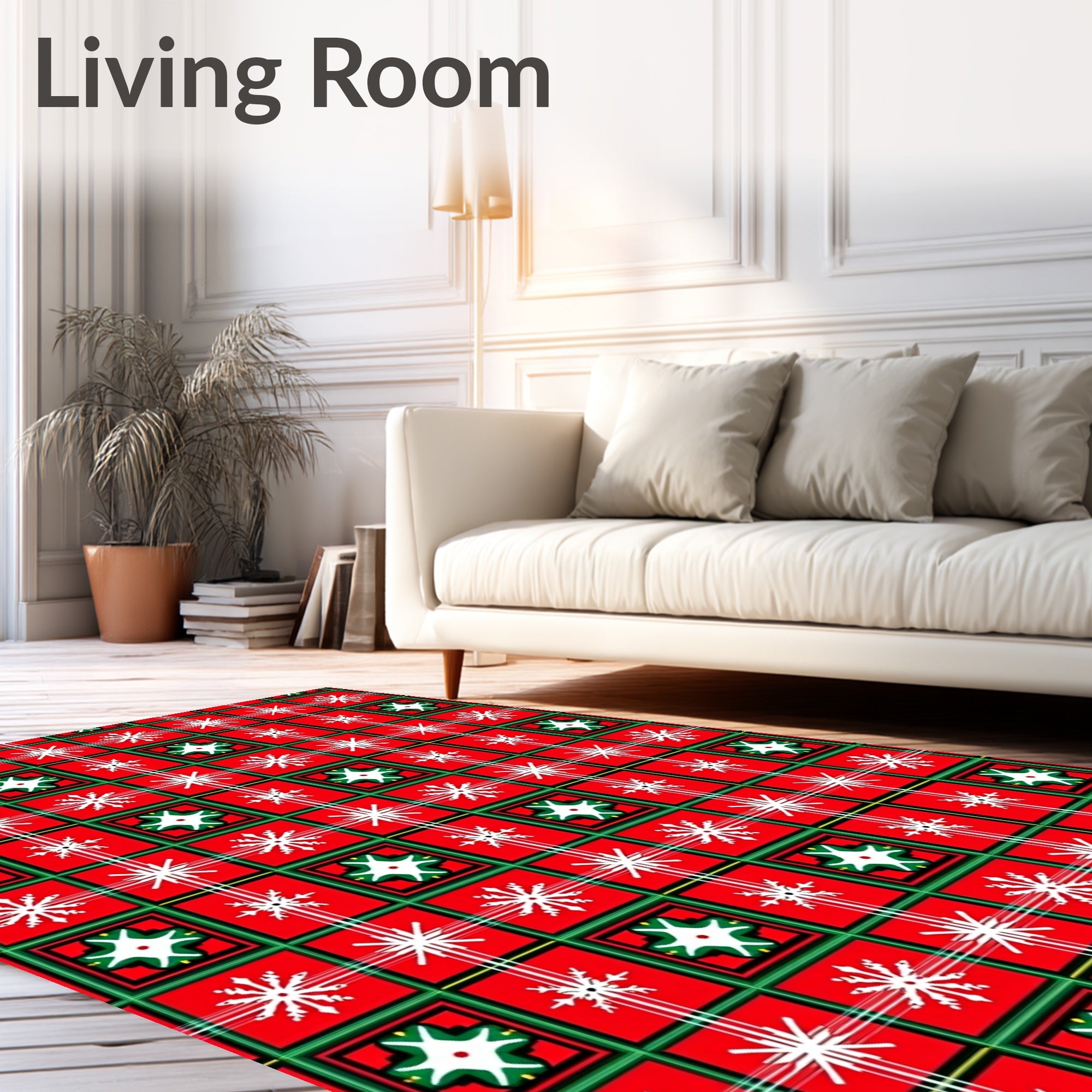 Red Green White Festive Snowflake Plaid Rug