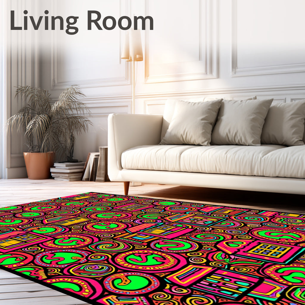 Vibrant Pink Yellow Village Swirls Rug