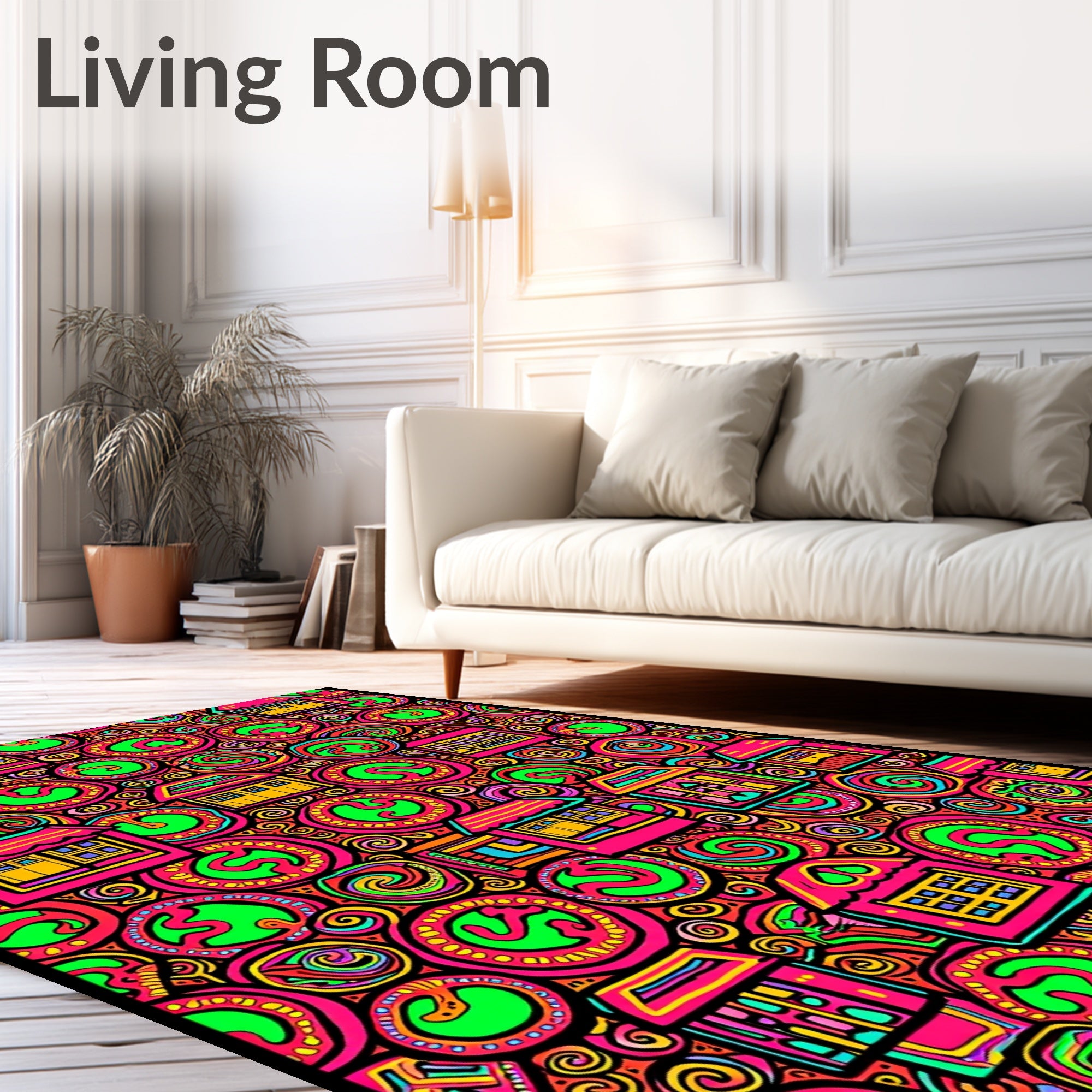 Vibrant Pink Yellow Village Swirls Rug