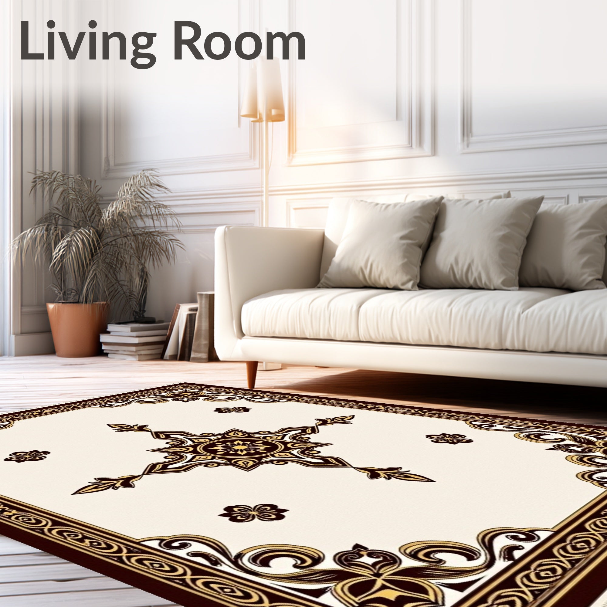 Elegant Ivory Brown Floral Medallion Rectangular Rug