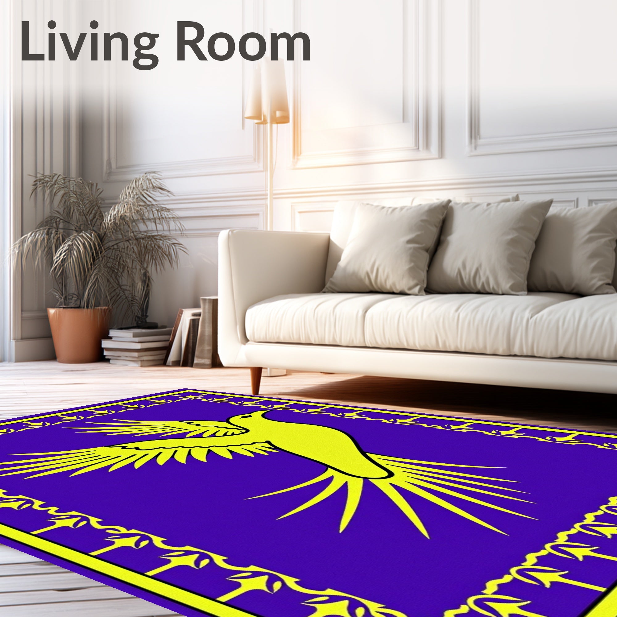 Vibrant Yellow Bird Purple Border Rug