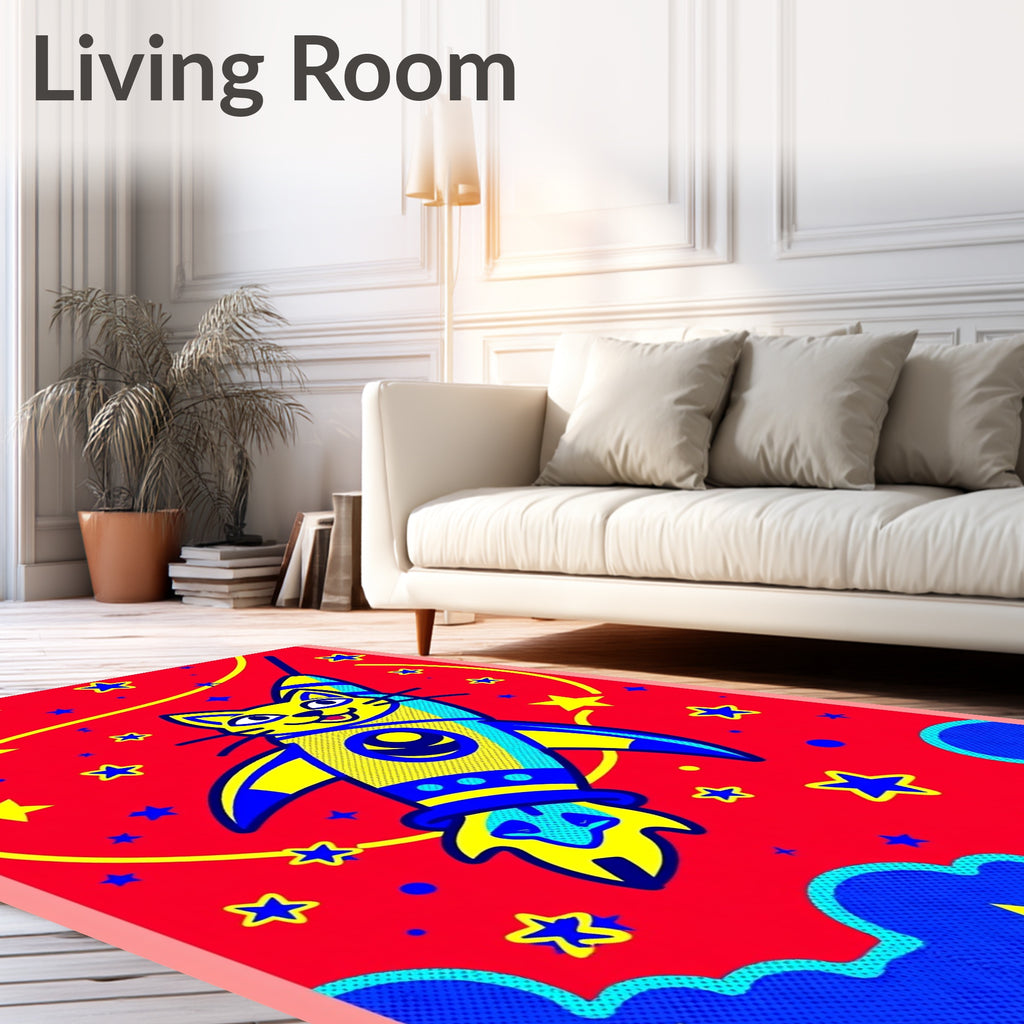 Whimsical Cat Rocket Stars Red Rug