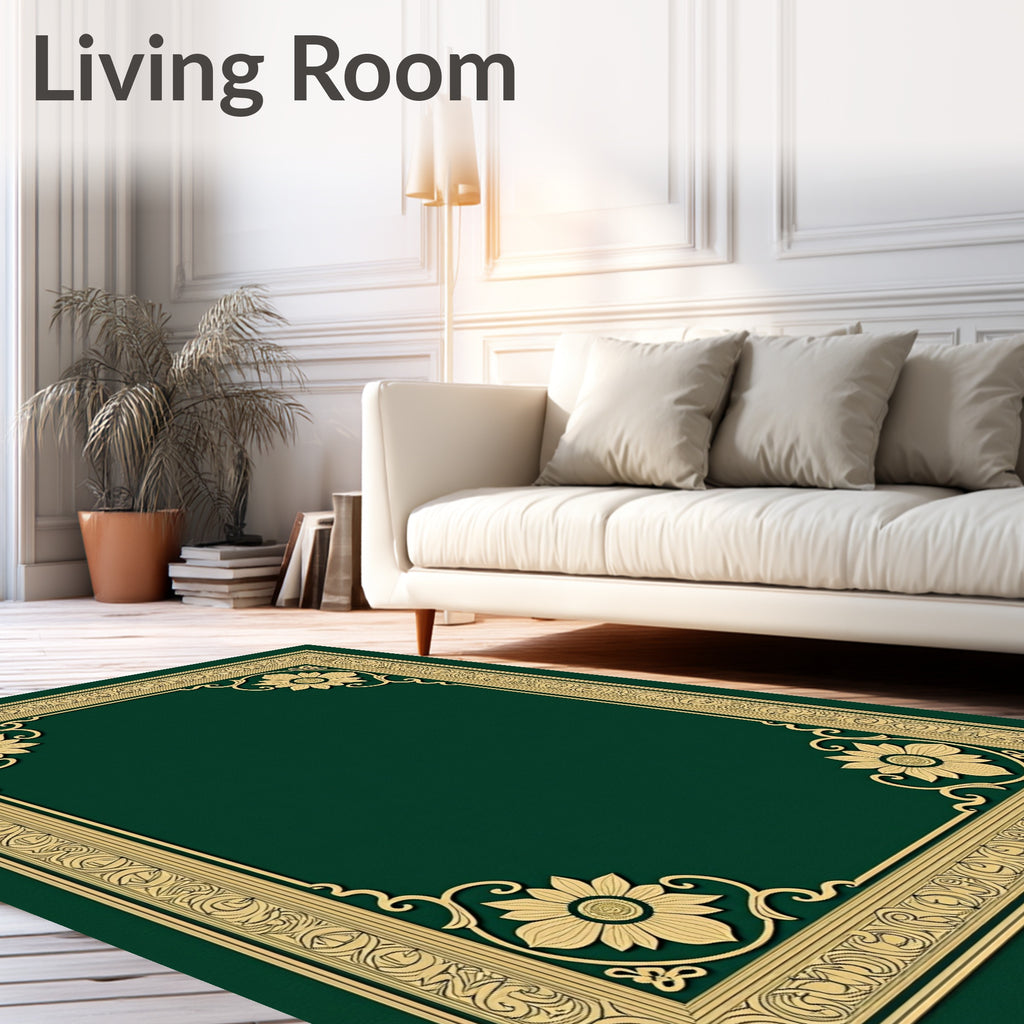 Ornate Emerald Gold Floral Border Rug