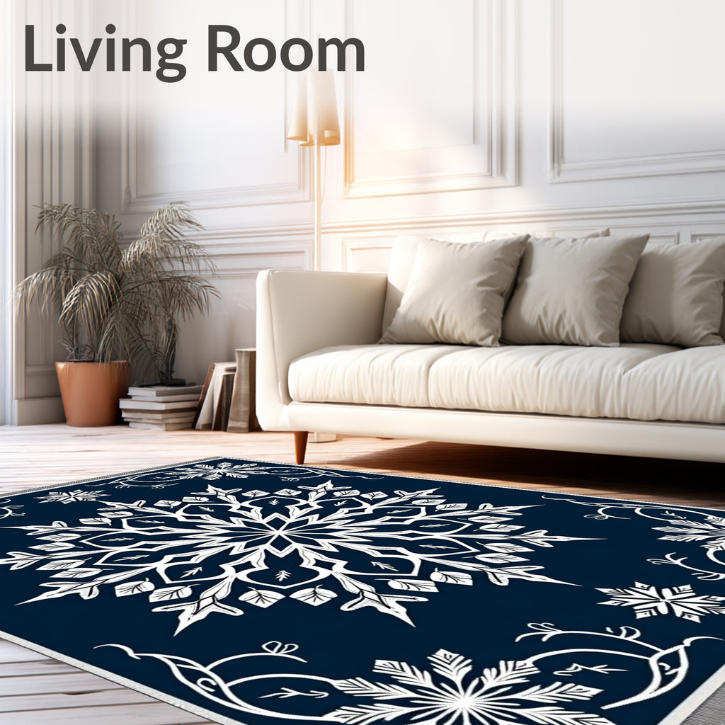 Midnight Blue Snowflakes In Scrolled Frame Rug