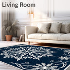 Midnight Blue Snowflakes In Scrolled Frame Rug