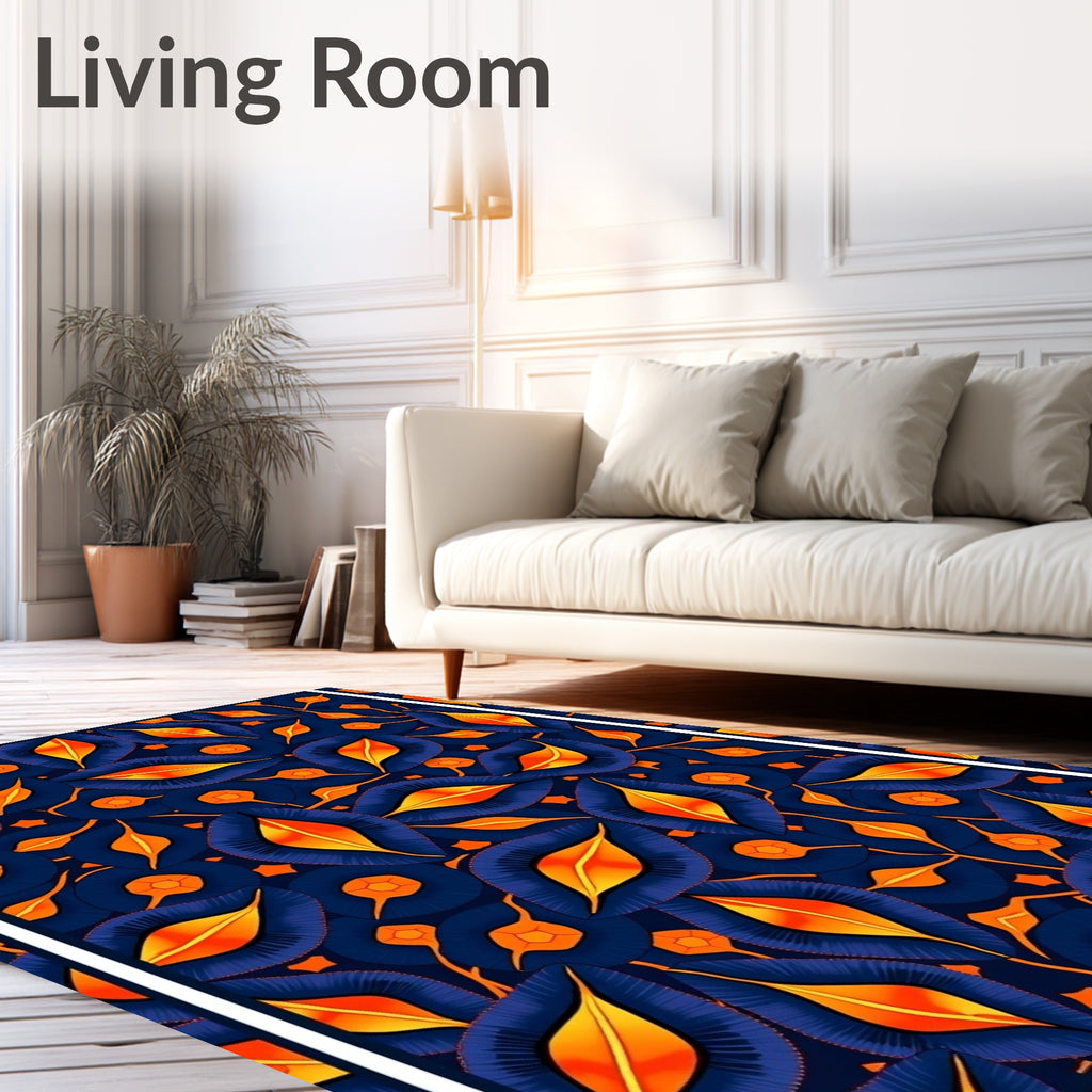 Deep Blue Orange Flame Leaf Rug