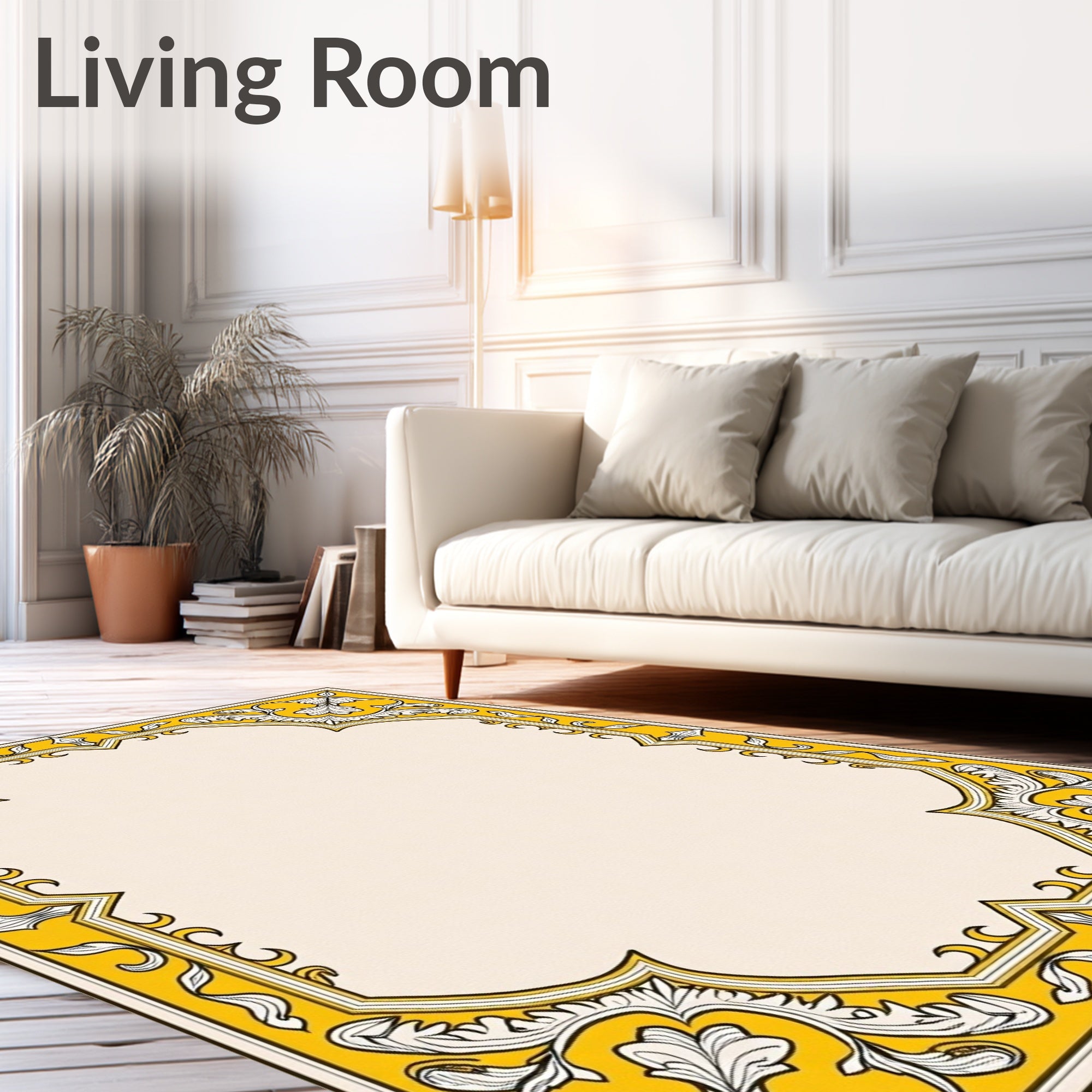 Golden Yellow Ornate Floral Border Rug