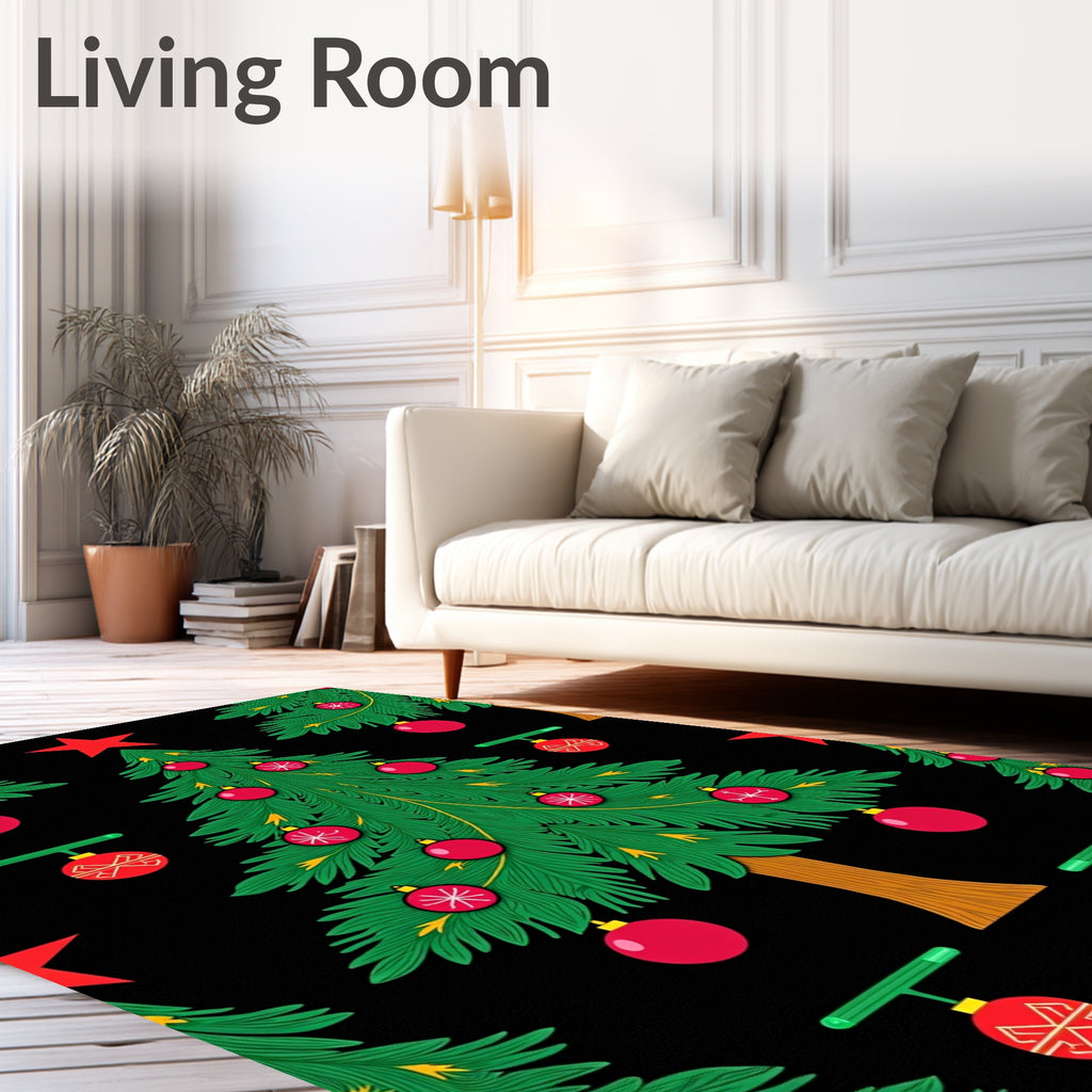 Festive Green Christmas Trees Red Ornaments Rug