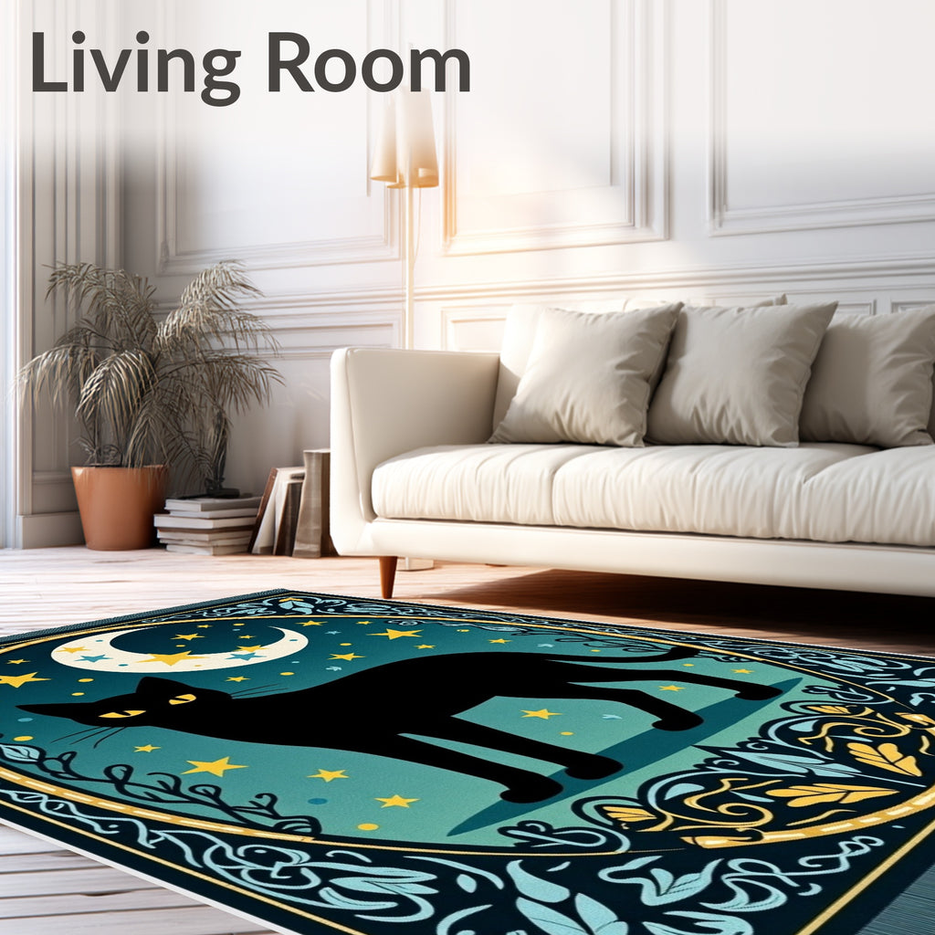 Whimsical Black Cat Moon Stars Rug