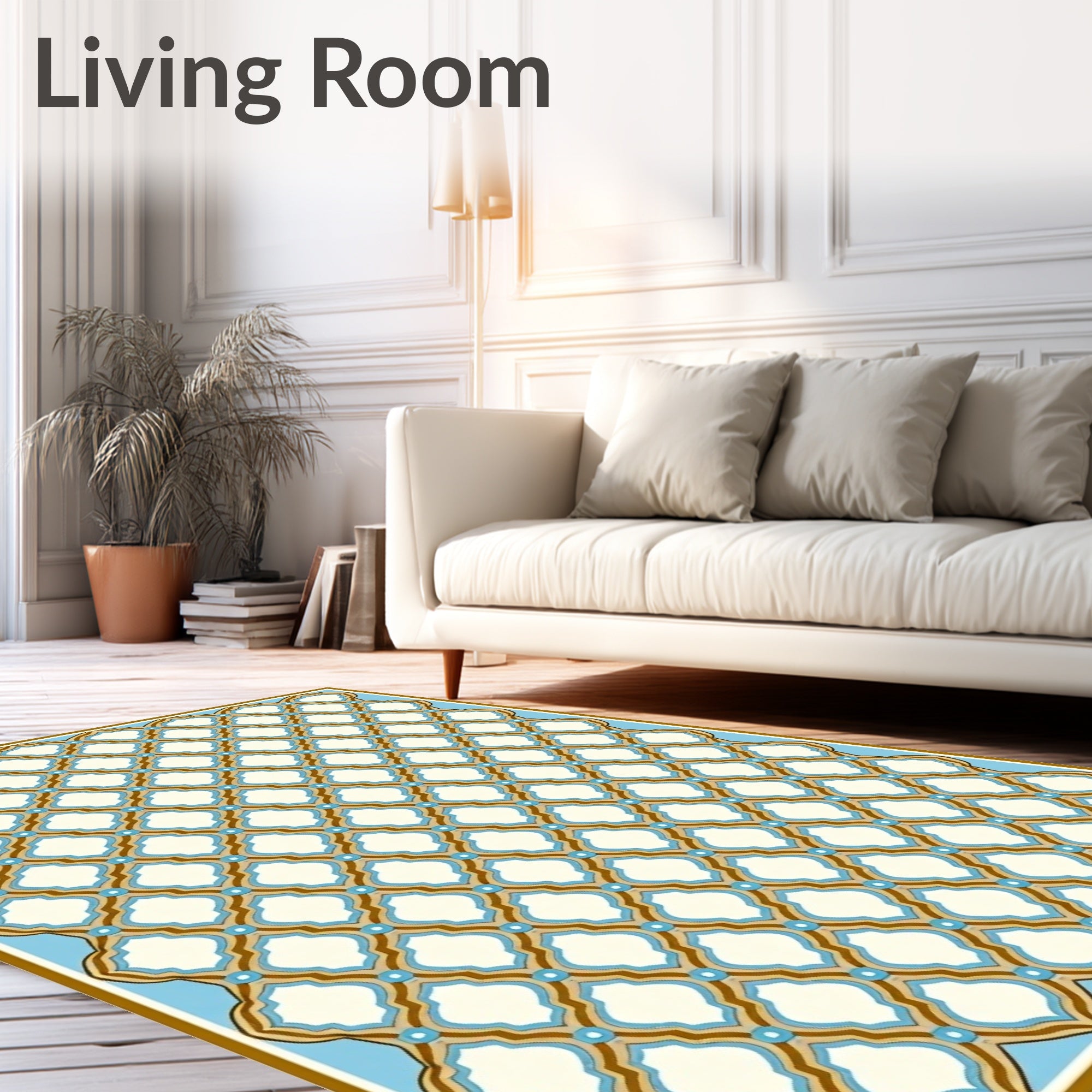 Fretwork Quatrefoil Geometric Blue Cream Rug