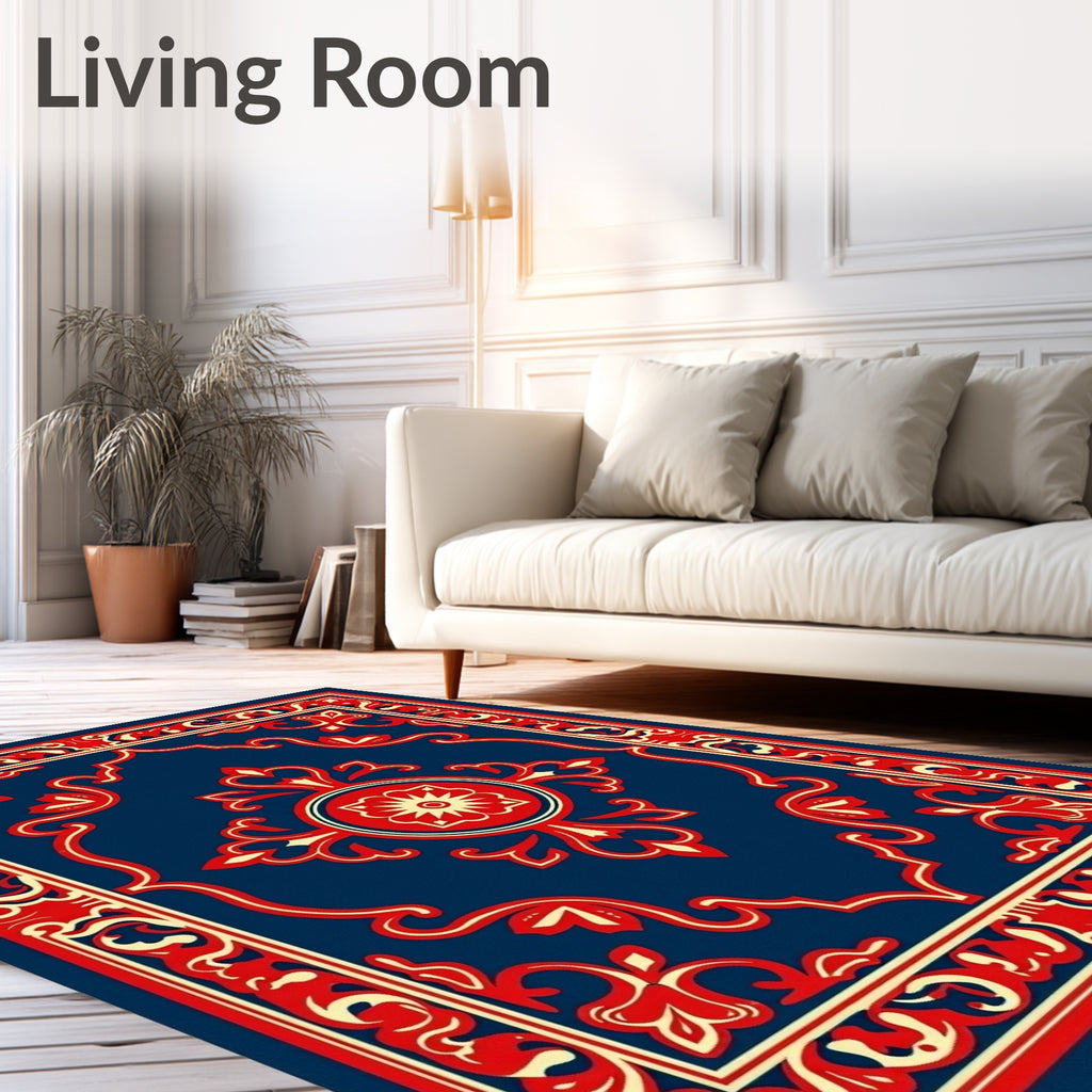 Royal Blue Red Floral Medallion Frame Rug