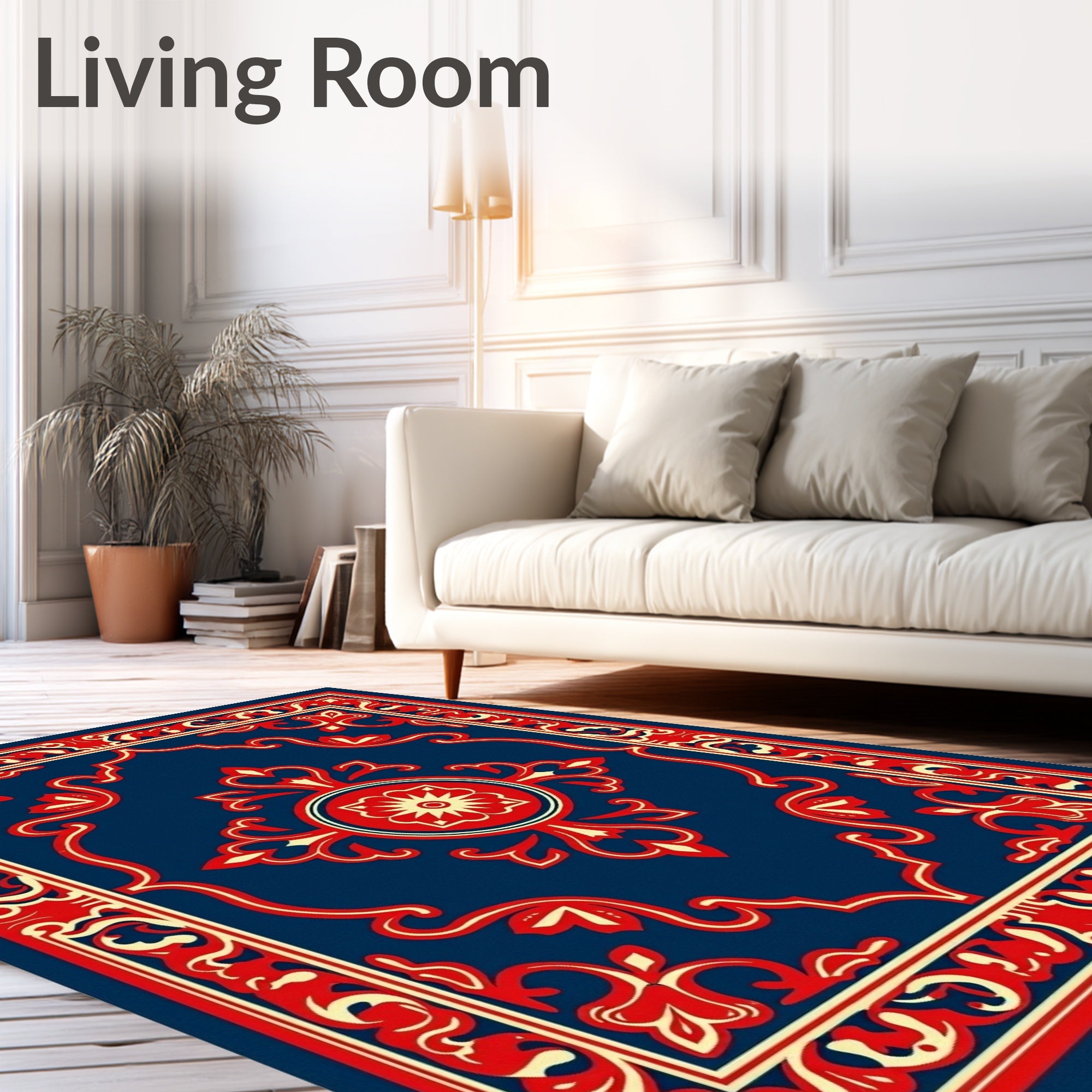Royal Blue Red Floral Medallion Frame Rug
