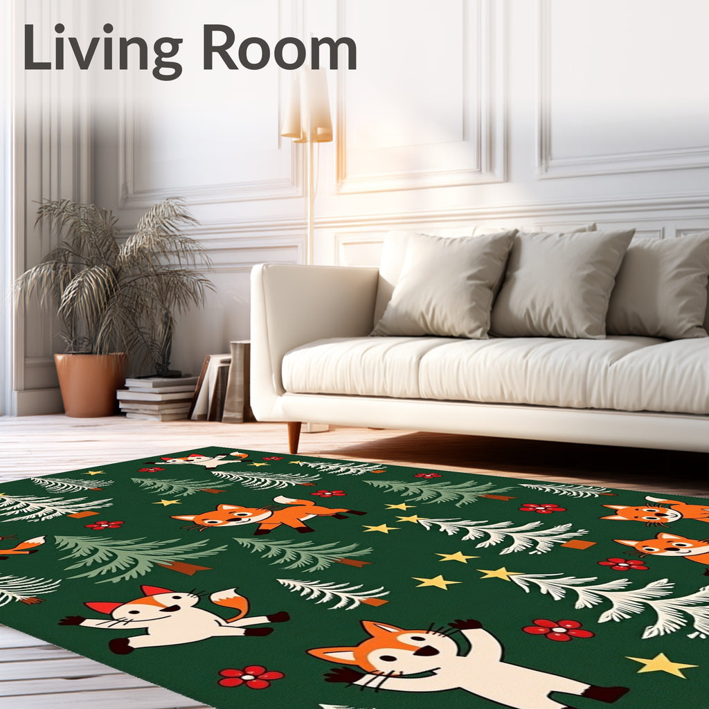 Whimsical Fox Forest Christmas Tree Rug