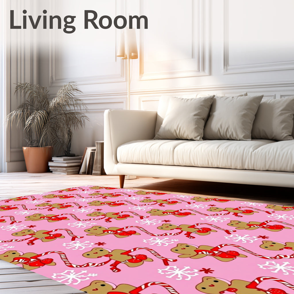 Pink Gingerbread Man Candy Cane Snowflakes Rug