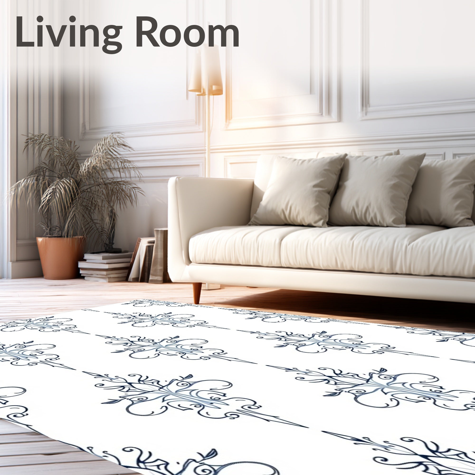 Ornate Blue Scrollwork Damask Rug
