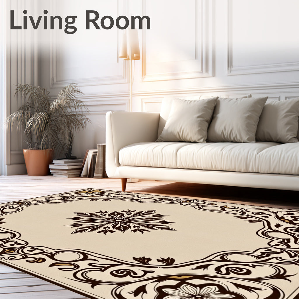 Cream Brown Floral Scroll Medallion Rug