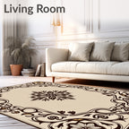 Cream Brown Floral Scroll Medallion Rug