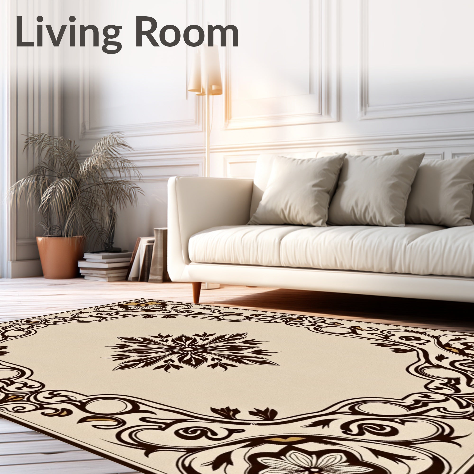 Cream Brown Floral Scroll Medallion Rug