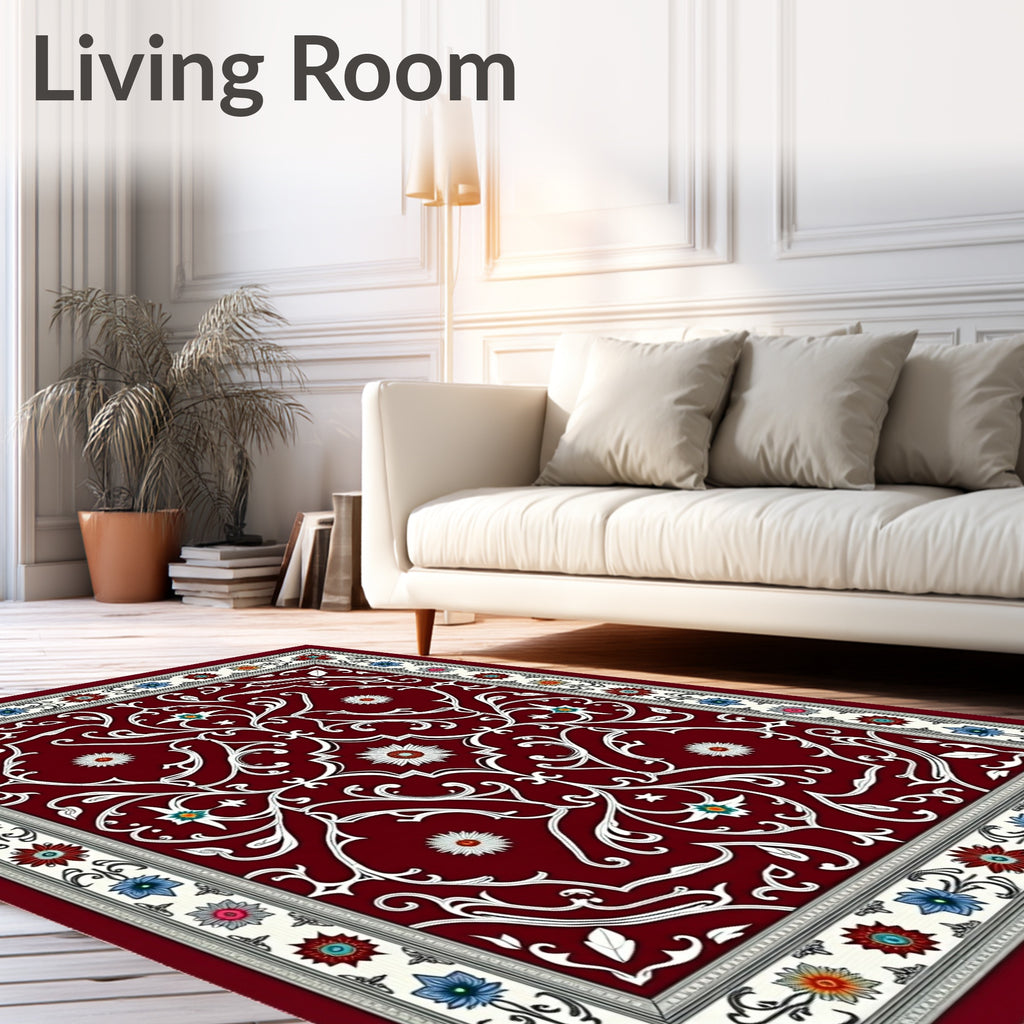 Ornate Crimson Vine Medallion Art Rug