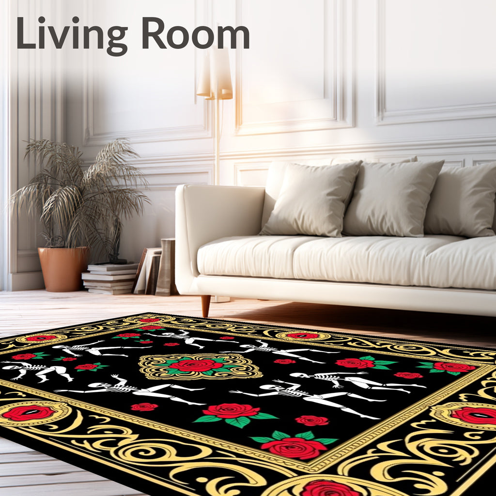 Dancing Skeletons Red Roses Bold Frame Rug