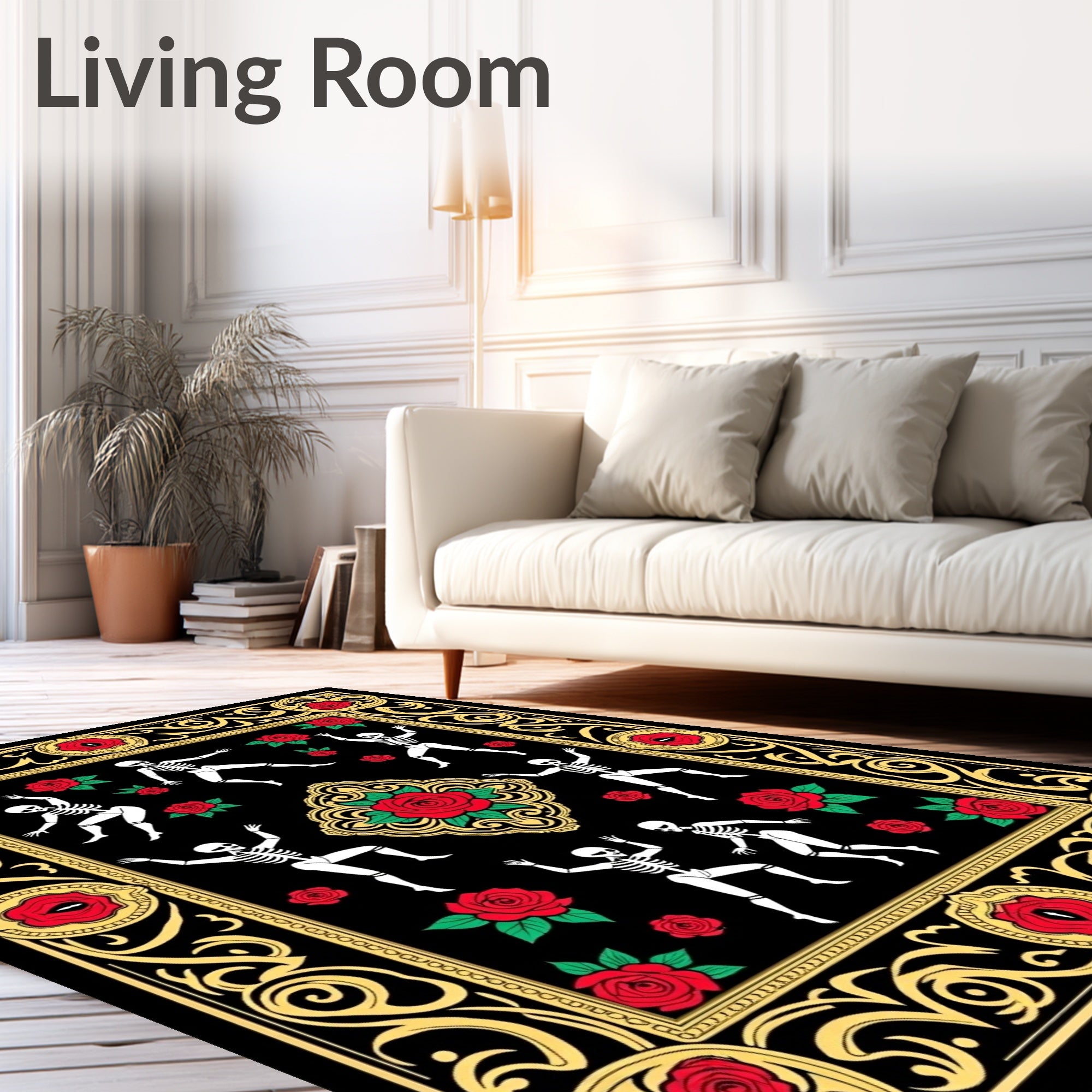 Dancing Skeletons Red Roses Bold Frame Rug