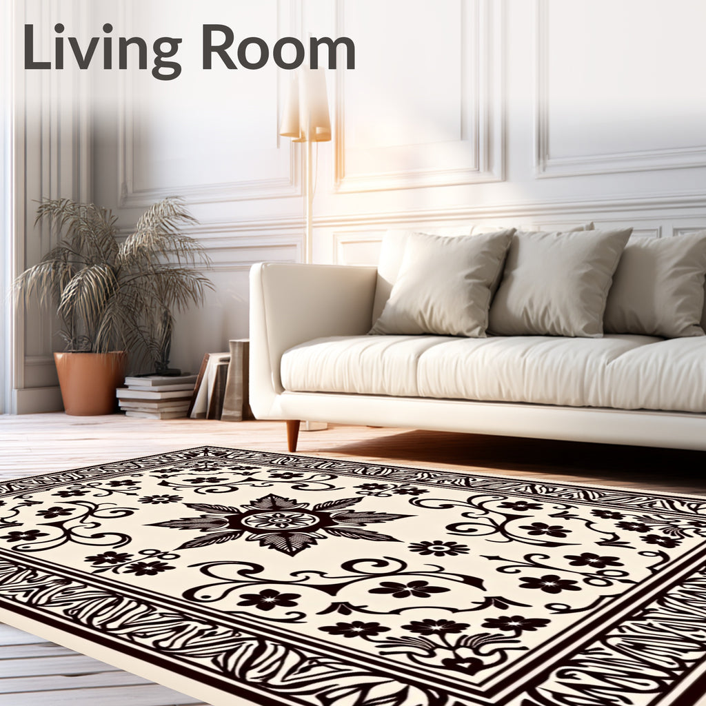 Cream Black Floral Botanical Garden Rug