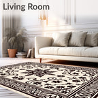 Cream Black Floral Botanical Garden Rug