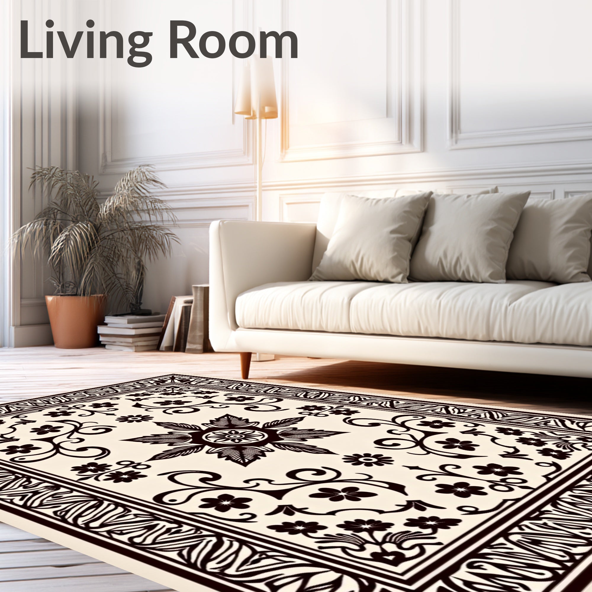 Cream Black Floral Botanical Garden Rug