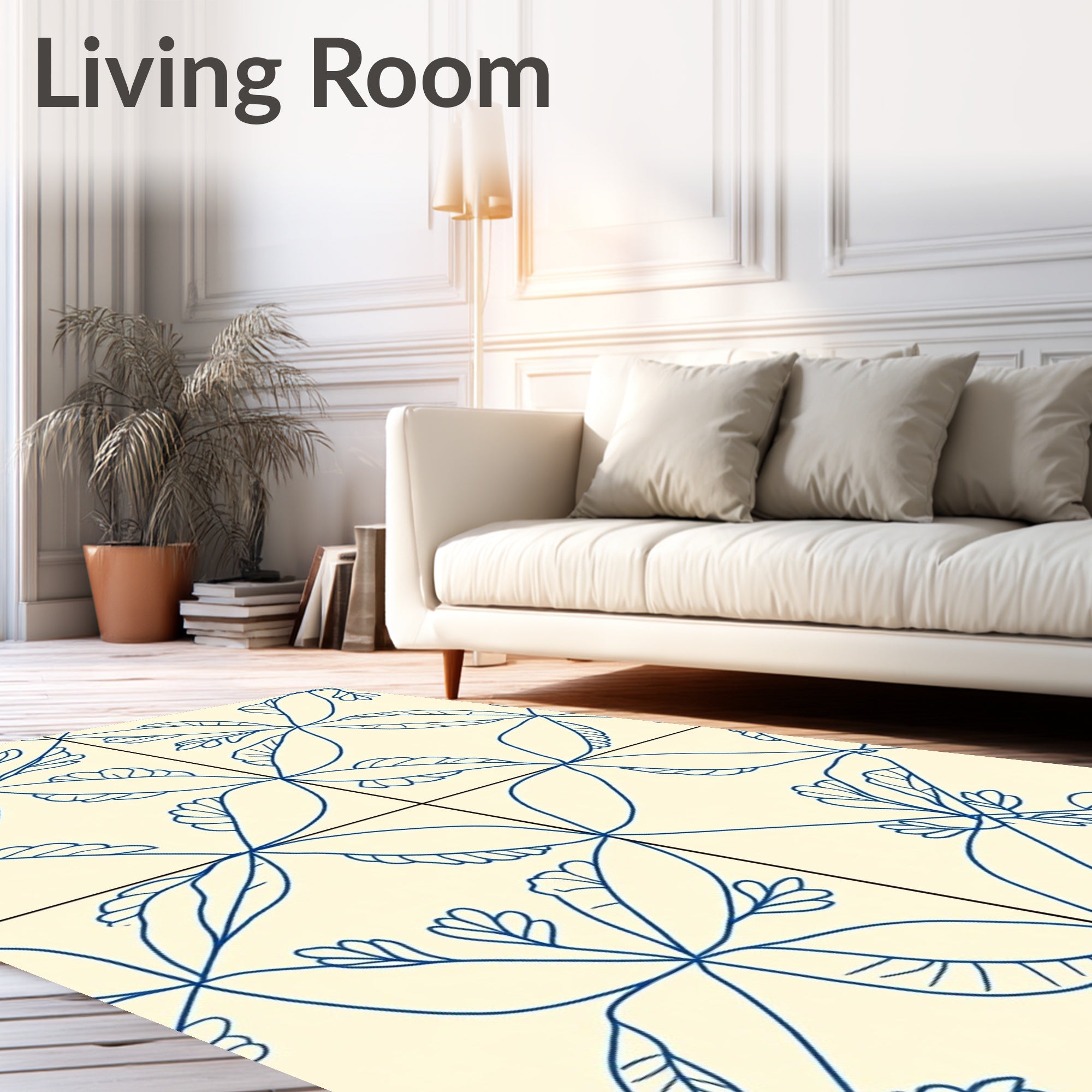 Cream Blue Botanical Petal Arrangement Rug