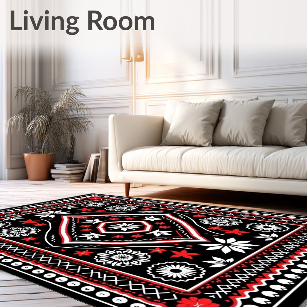 Bold Red White Black Folk Rug