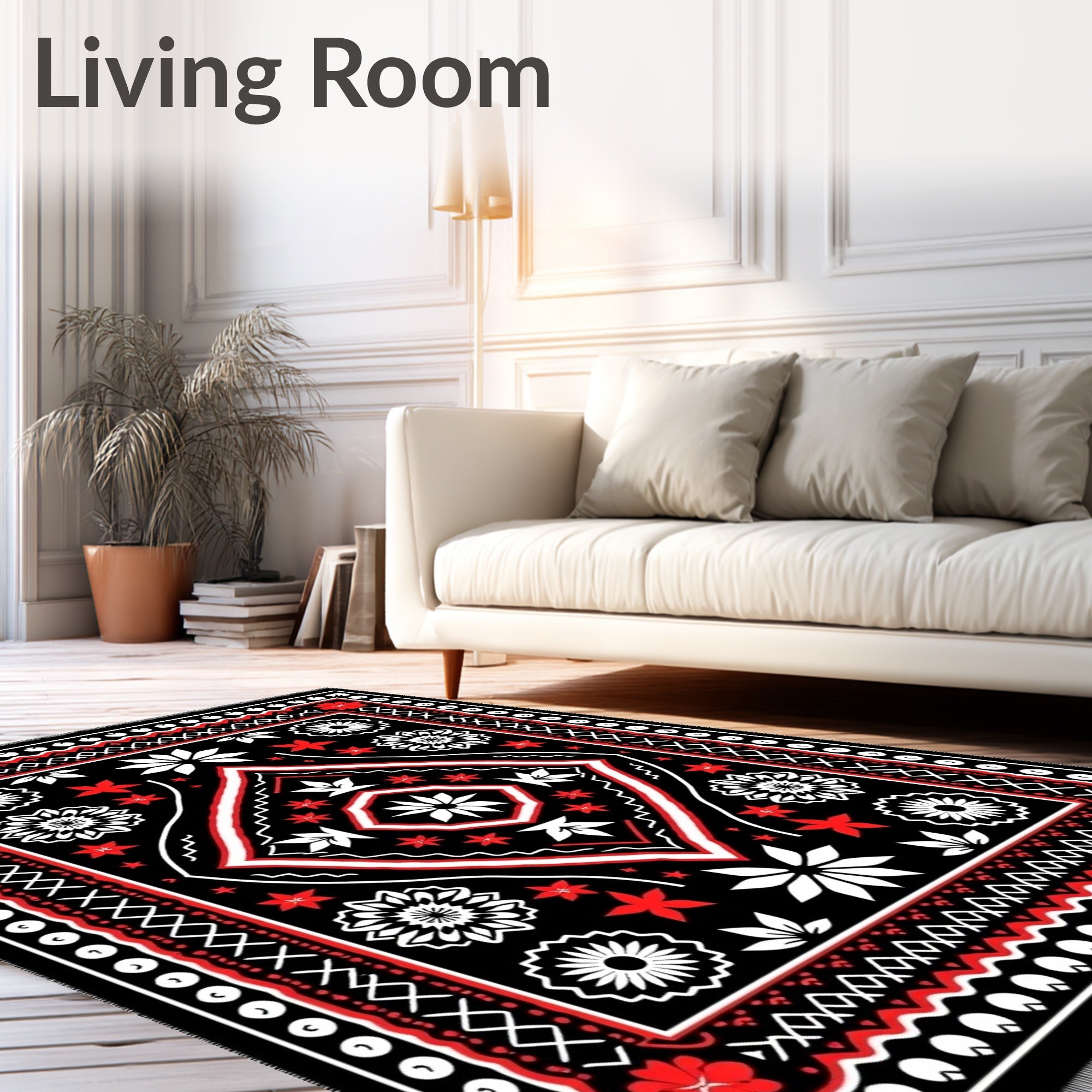 Bold Red White Black Folk Rug