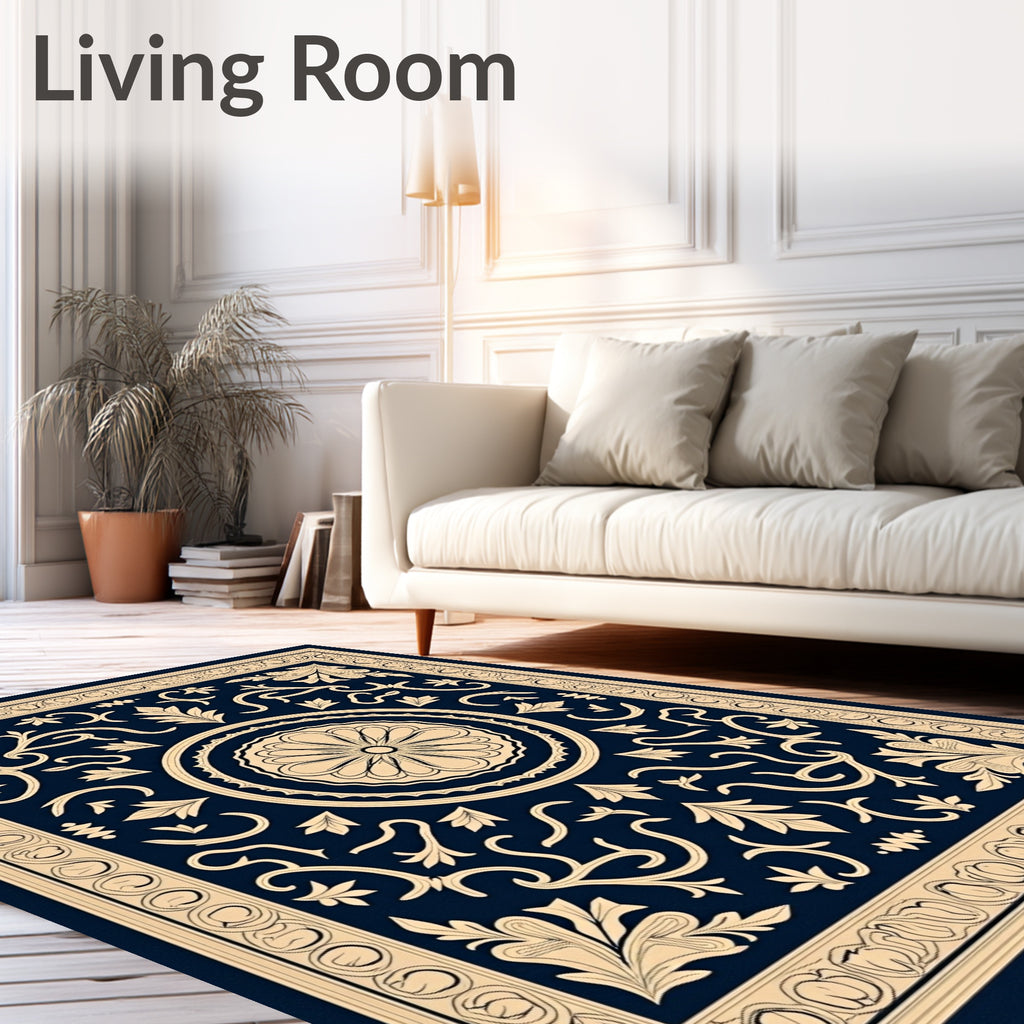 Dark Blue Floral Medallion Border Rug
