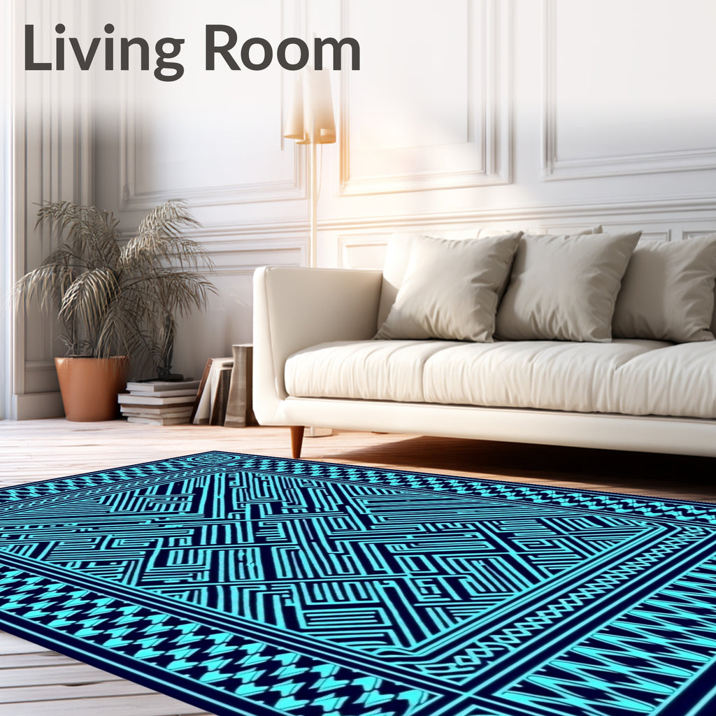 Teal Maze Geometric Border Rug