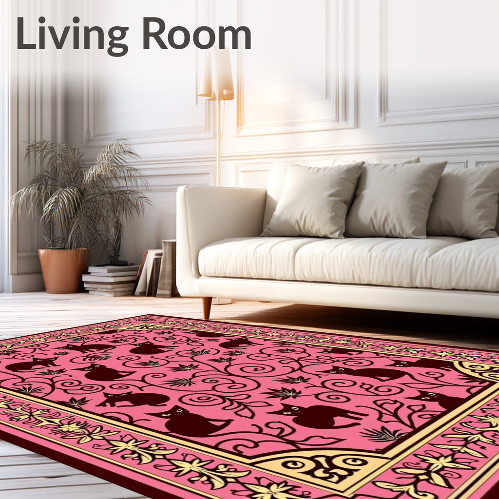 Whimsical Pink Black Cat Floral Rug
