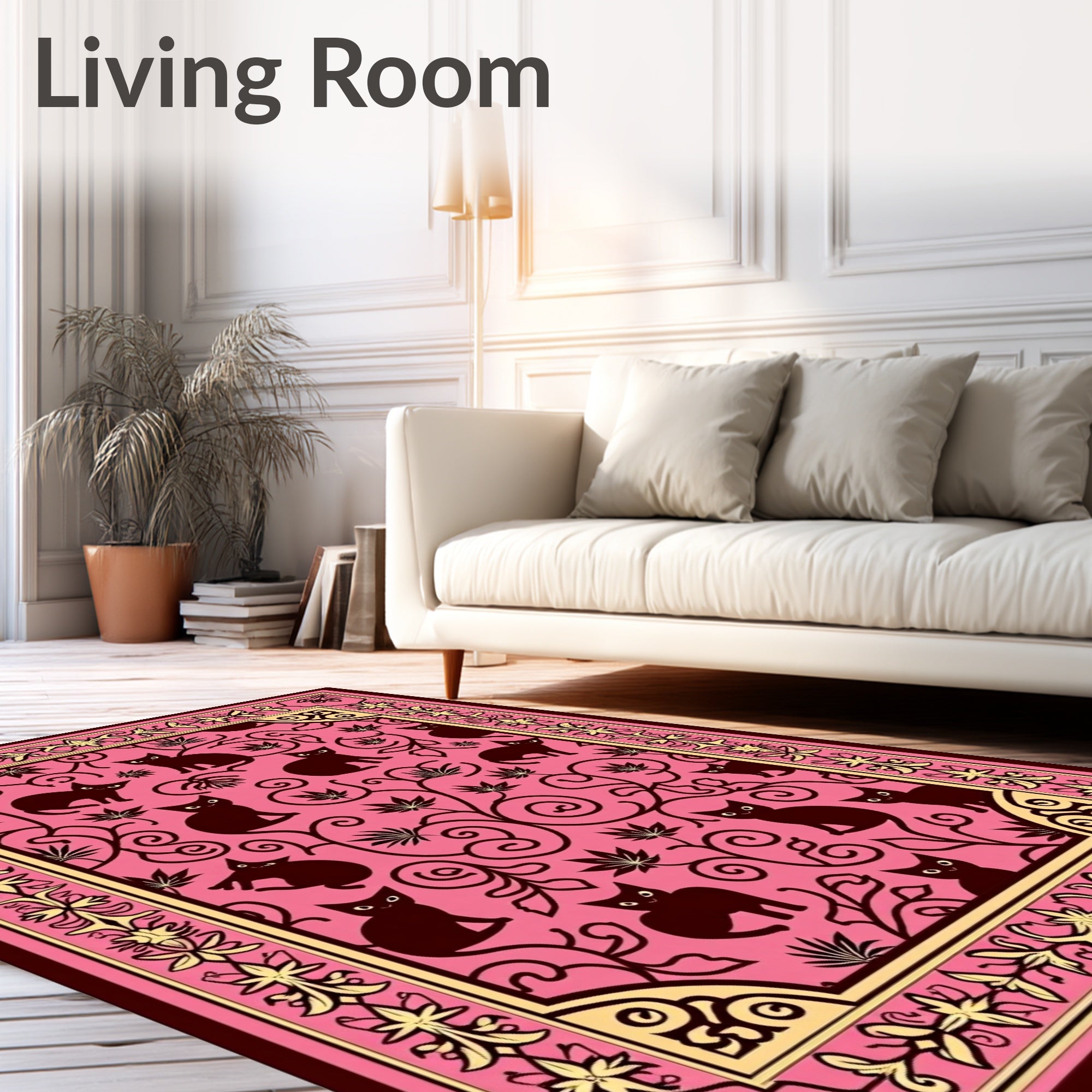 Whimsical Pink Black Cat Floral Rug