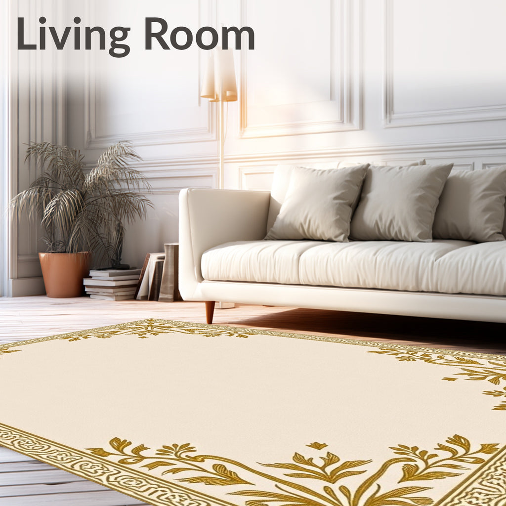 Golden Floral Bordered Linen Rug