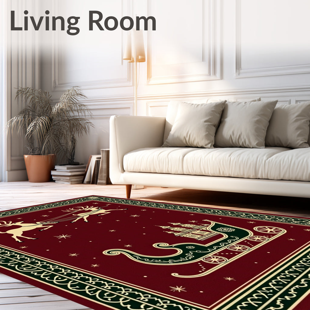 Crimson Reindeer Sleigh Festive Scene Rug