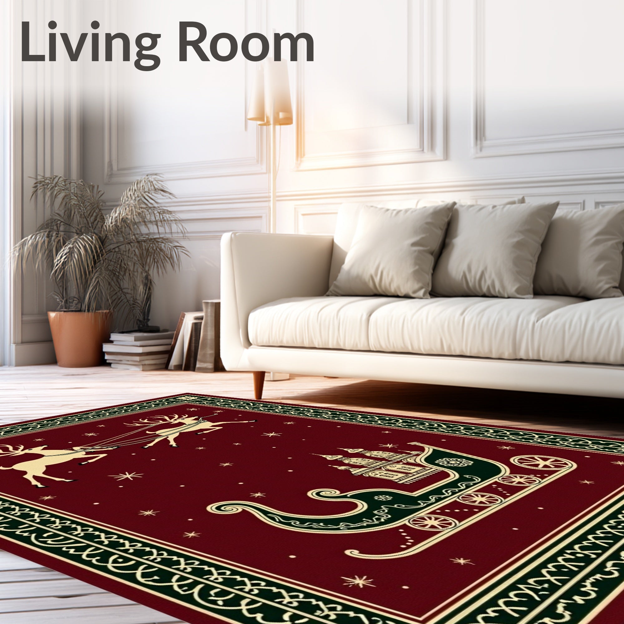 Crimson Reindeer Sleigh Festive Scene Rug