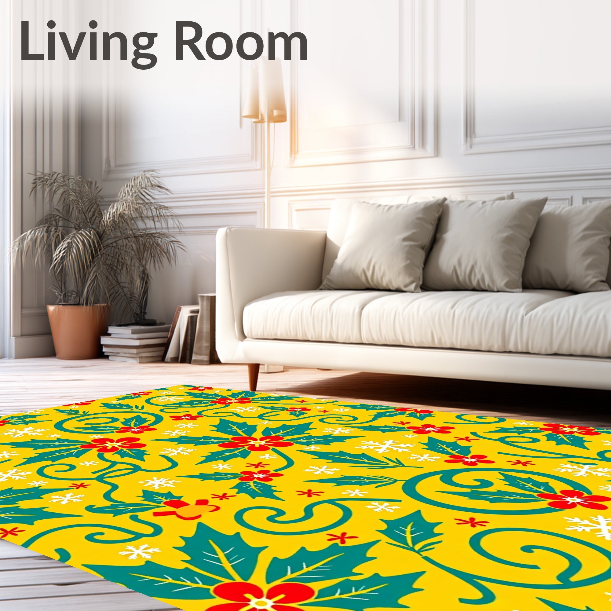 Golden Holly Flower Snowflake Swirls Rug