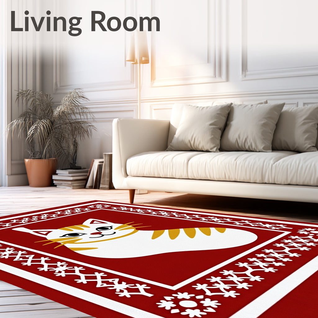 Crimson White Tabby Cat Border Rug