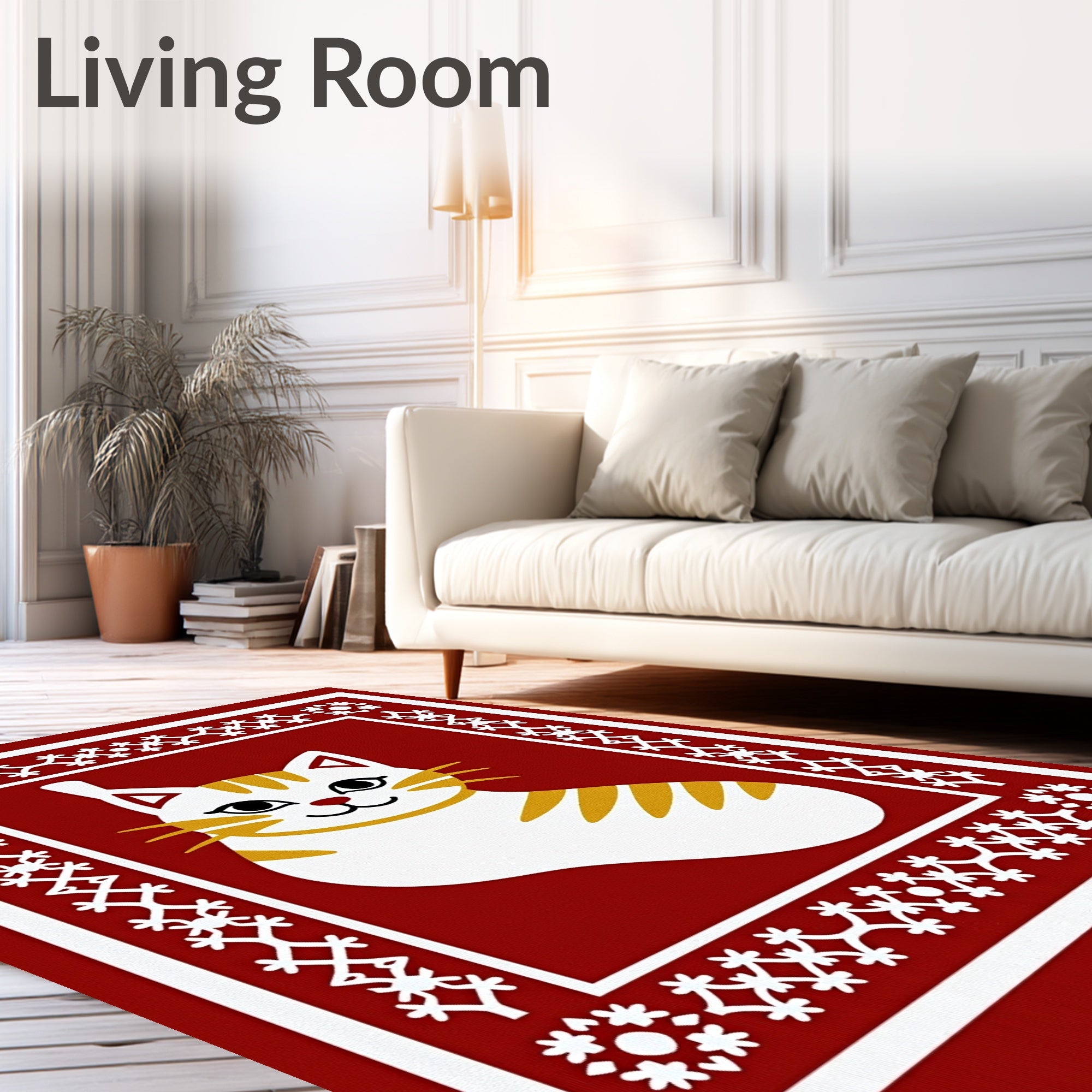 Crimson White Tabby Cat Border Rug