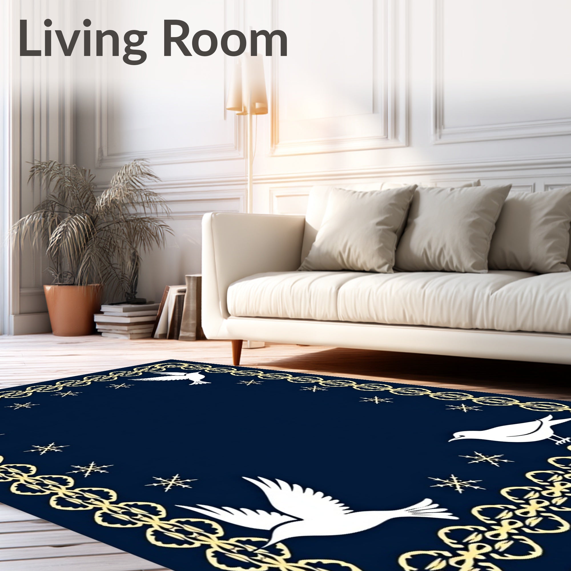 Midnight Blue White Dove Snowflake Border Rug