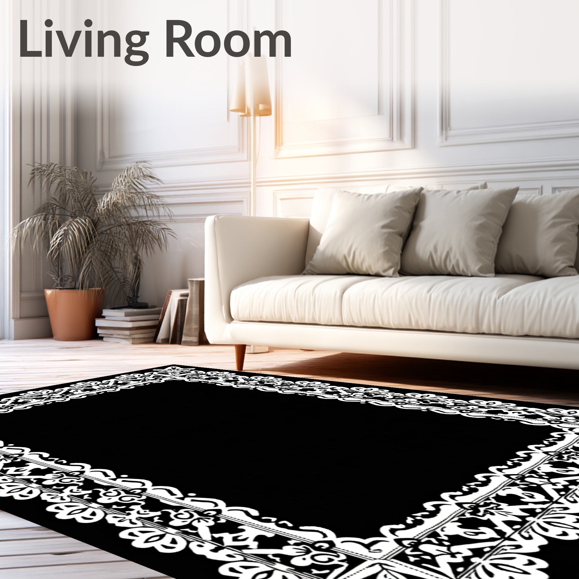 White Ornate Floral Lace Frame Rug