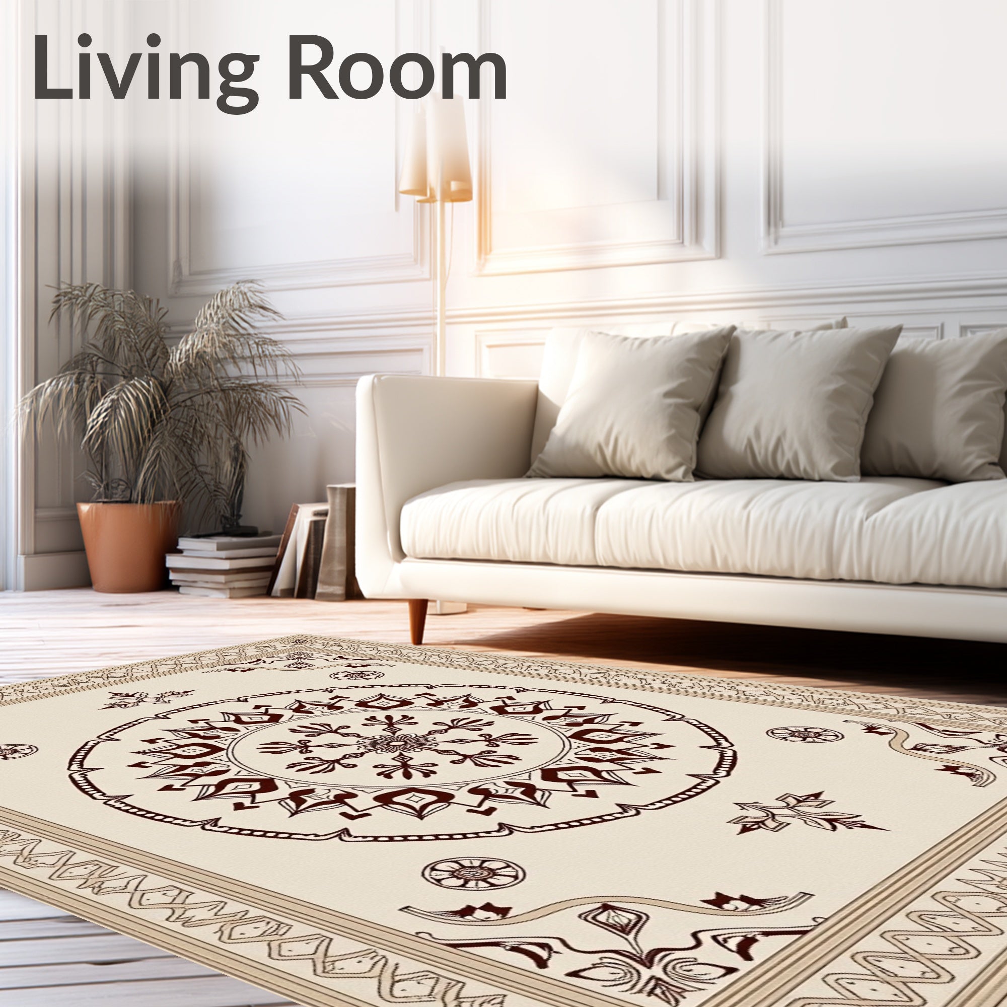 Ornate Cream and Maroon Medallion Rug