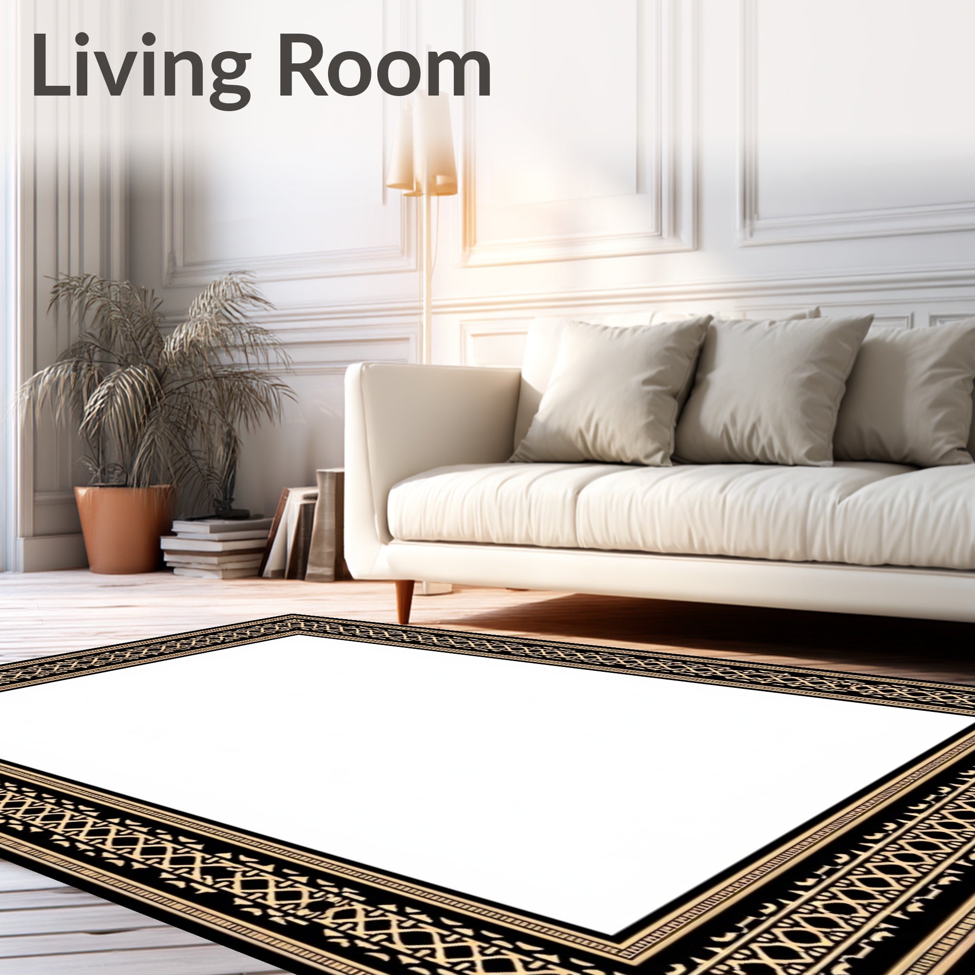 Ornate Black Gold Geometric Border Rug