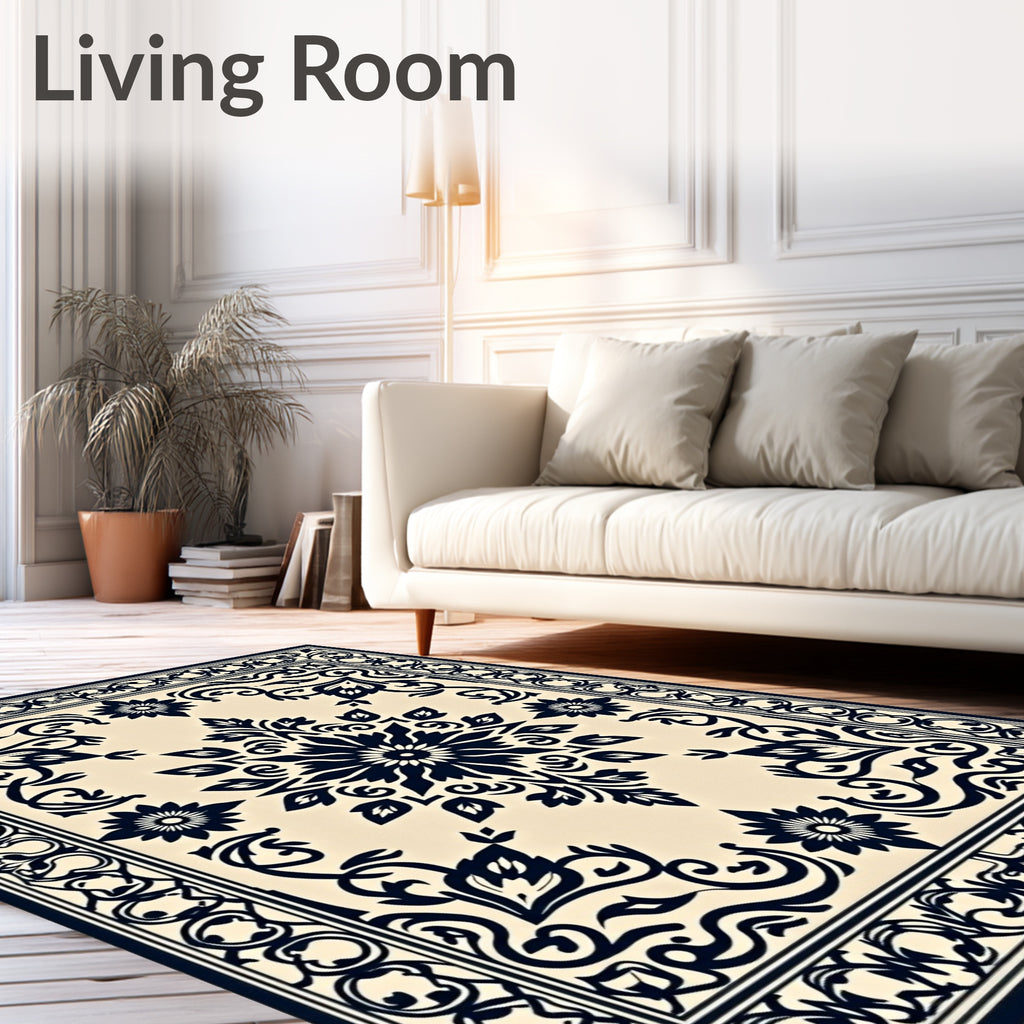 Dark Blue Cream Floral Medallion Rug
