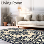 Dark Blue Cream Floral Medallion Rug