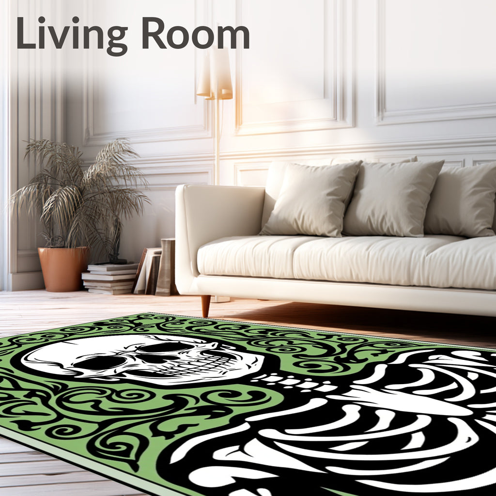 Eerie Black Skeleton Green Floral Scroll Rug