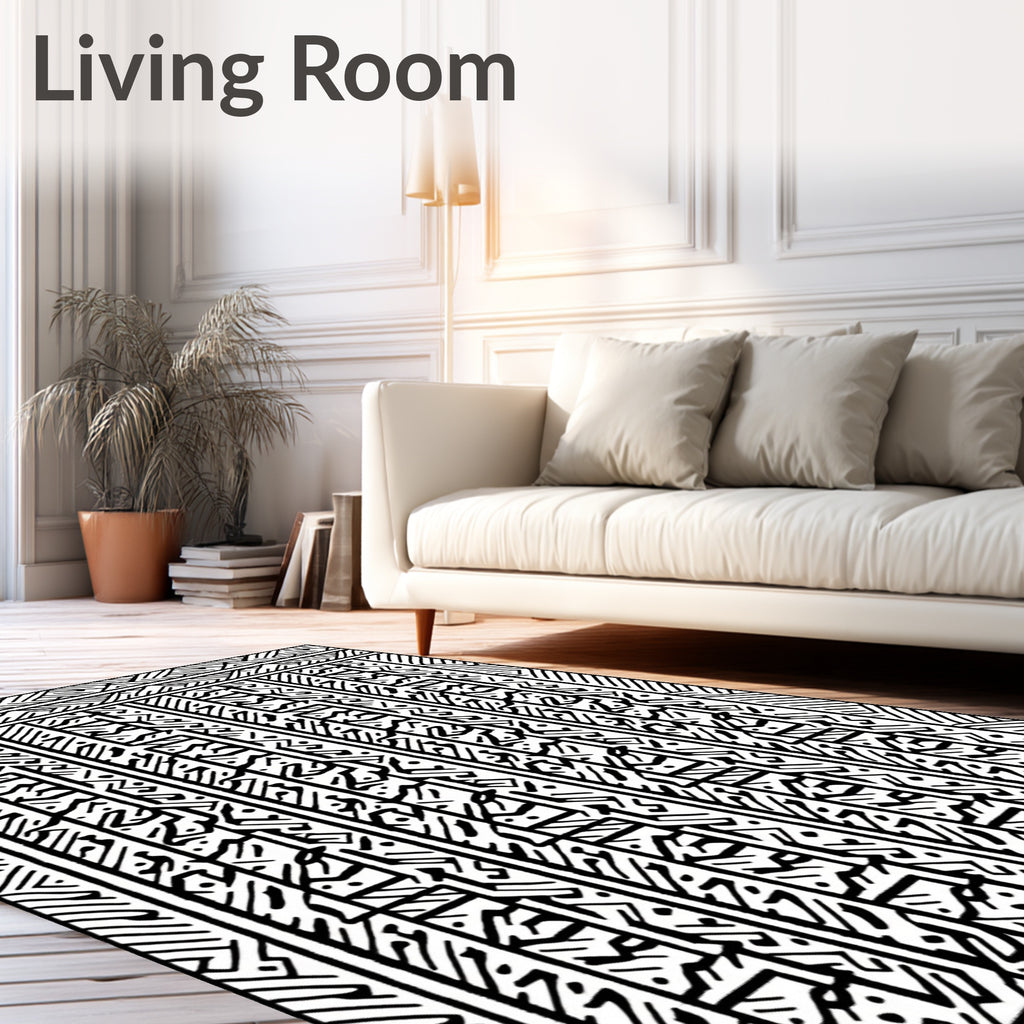 Black white linear abstract tribal Rug