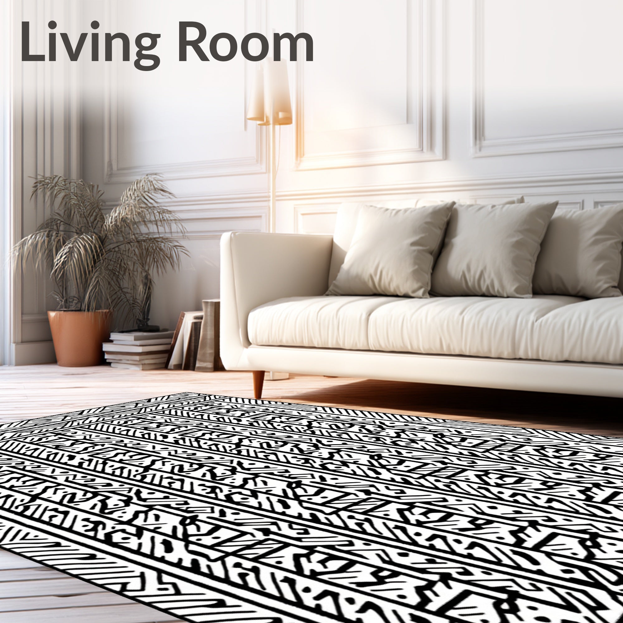Black white linear abstract tribal Rug